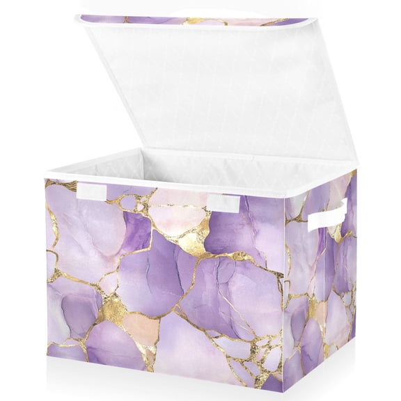 Yayeee Collapsible Cube Storage Bin with Lid Fabric Closet Decorative Basket with Handles, Pastel Purple Marble Pattern