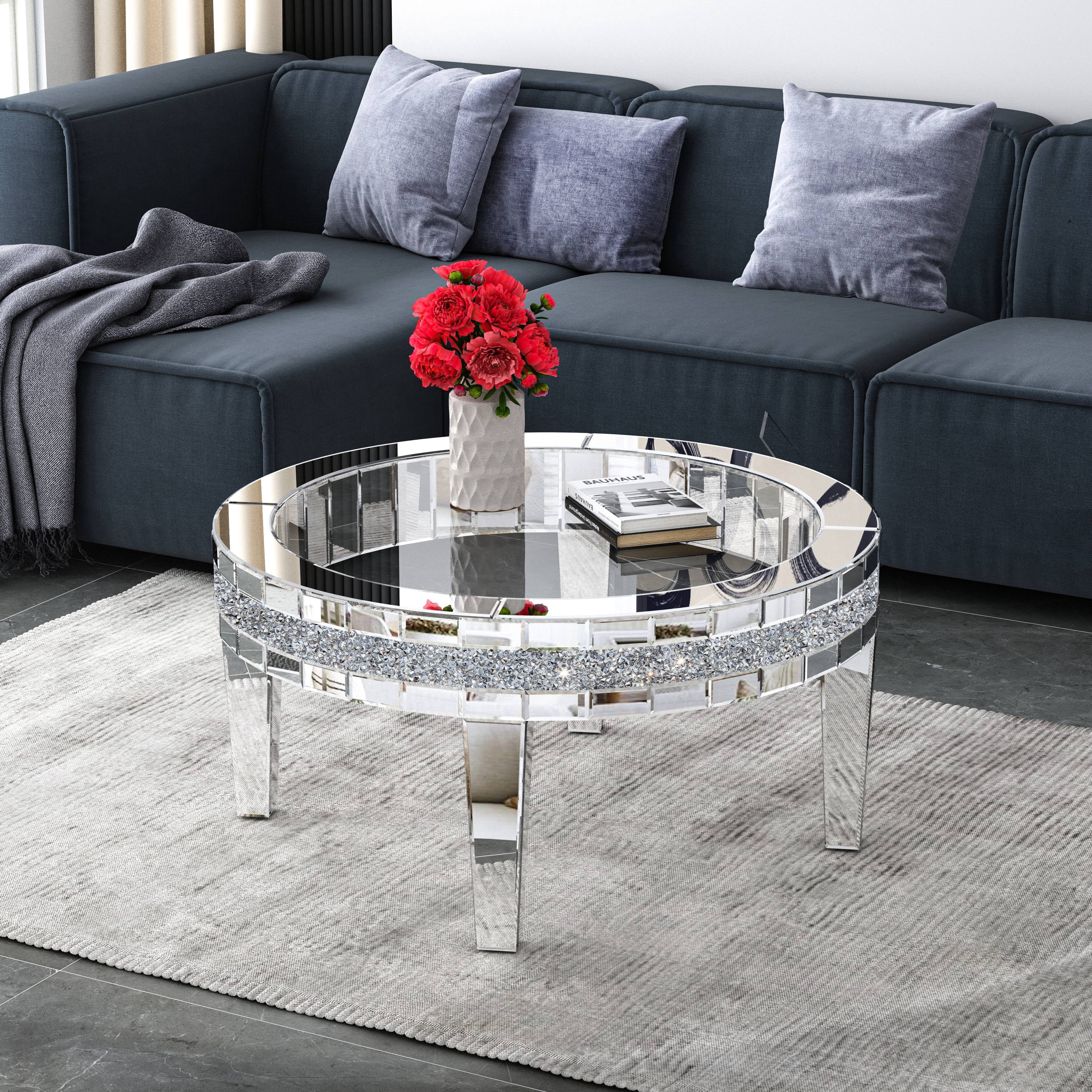 35.5'' Round Glass Top Coffee Table with Crystal Inlay Modern Round Coffee Table Silver Accent Table for Living Room Decor