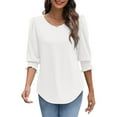 thumbnail image 6 of bbyeadc Women's 2025 Fashion Tops Round Neck Smocked Cuff Ruched Shirts Three Quarter Sleeve Dressy Casual Loose Trendy T-Shirt Blouses Summer Basic Business Tshirts Clothes, White M, 6 of 7
