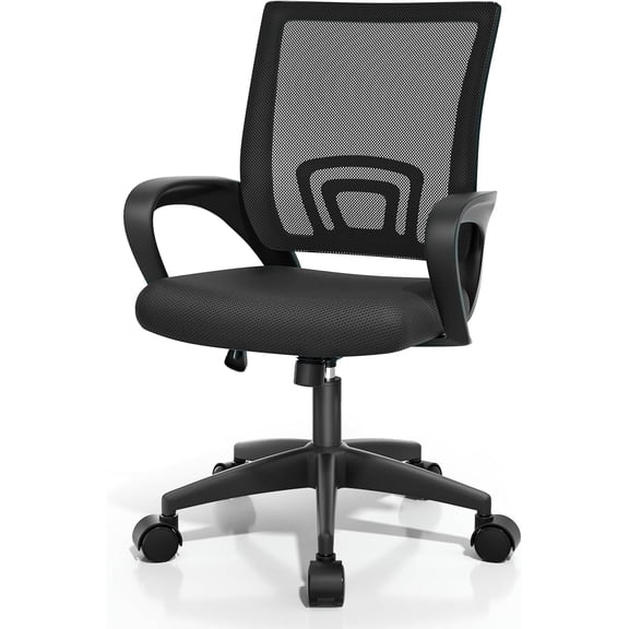 Ergonomic Office Desk Chair, Mid-Back Mesh Computer Chair, Swivel Chair with Breathable Backrest & Lumbar Support, Adjustable Height for Gaming, Work, Study, 300 Lbs Capacity, Black