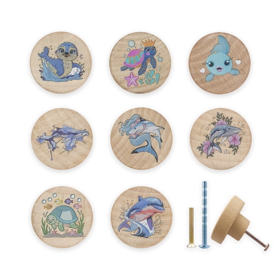Jamjam 8Pack 1.5" Wooden Cute Ocean Animals Drawer Pulls Cupboard Cabinet Knob Nursery Kids Room Turtle Whale Seastar Dresser Drawer Knobs