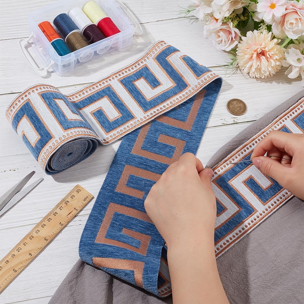 4.37 Yard Embroidered Drapery Trim 3-5/8 Inch Wide Polyester Jacquard Grid Ribbon Blue Geometric Jacquard Ribbons Great Wall Grid Curtain Trim