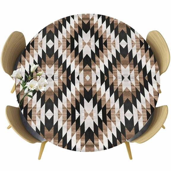 Brown Aztecs Round Tablecloth 55-60 Inch Round Fitted Table Cloth with Elastic Edge, Abstract Southwest Geometric Vintage Tribal Waterproof Table Cover Protector for Outdoor Picnic Party Dining