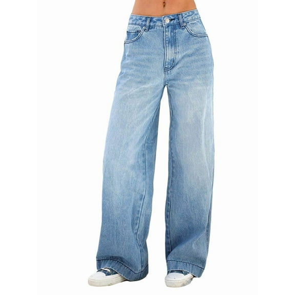 Women'S Wide Leg Boyfriend Jeans Straight Leg Denim Pants Low Rise Baggy Casual Loose Jeans Dark Blue XS