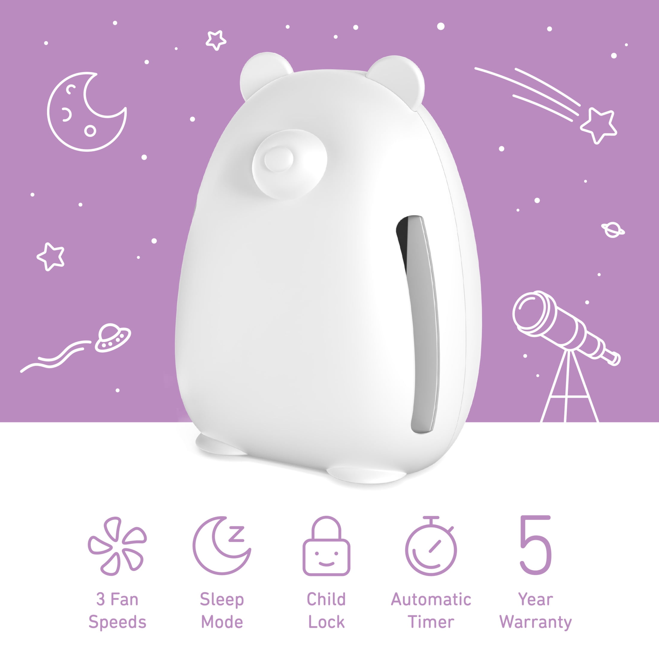 Pure Enrichment PureBaby Kids Bear Air Medium-Large Rooms True HEPA, UV-C Air Purifier, White