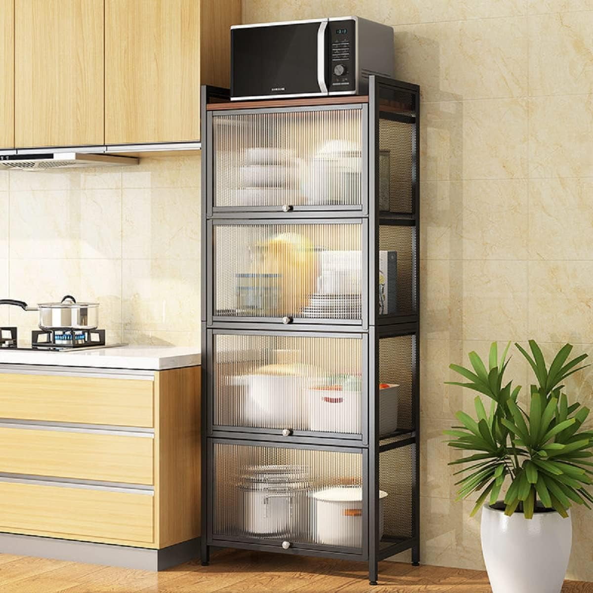 Large Kitchen Pantry Storage Cabinet Buffet, 4 Tier Metal Pantry Cabinet with Folding Doors 56'' Kitchen Hutch Cabinet Suitable for Dining Room Living Room