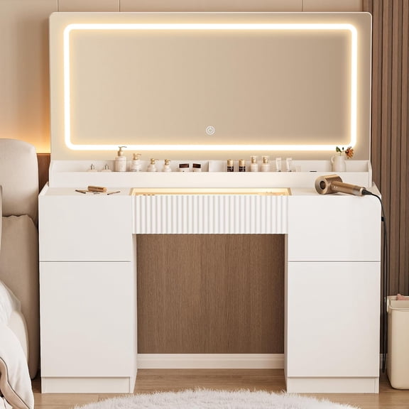 3-Drawer Glass Top Vanity Desk with LED Lighting and Mirror, White