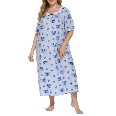 

Monfince Plus Size Women Nightgown Short Sleeve Floral Print Nightdress Square Neck Lounger Robe Long Sleepwear