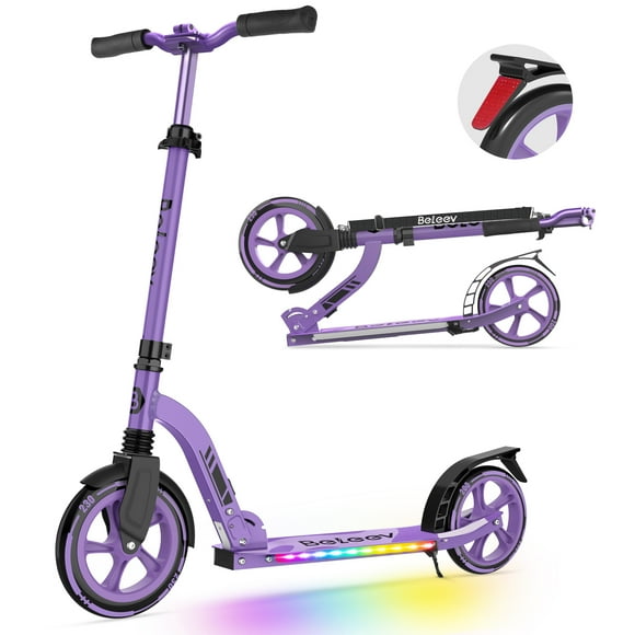 BELEEV Scooters for Kids Ages 6+ with Light-Up Deck, 2 Wheel Folding Scooter for Adults Teens, 5 Adjustable Height, Lightweight Sport Commuter Scooter, Purple