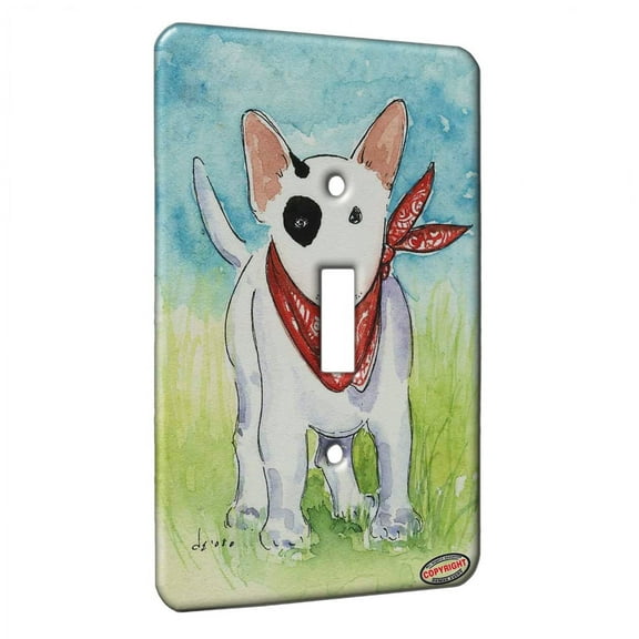 KuzmarK™ Single Gang Toggle Switch Wall Plate - White Bull Terrier Puppy with Red Bandana Dog Art by Denise Every
