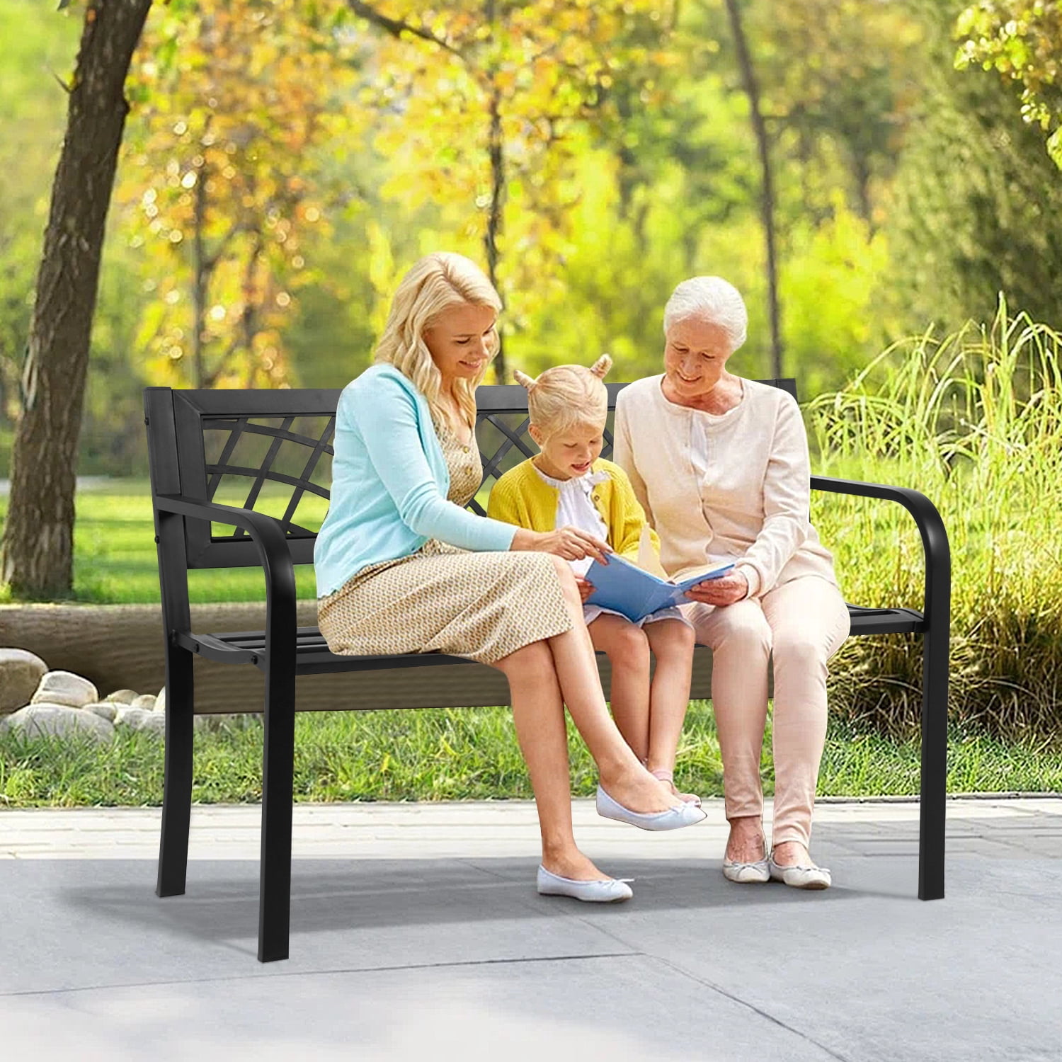 NiamVelo Patio Park Garden Bench, Metal Outdoor Seating, Black