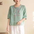 thumbnail image 6 of ClodeEU Women's Floral Embroidered Linen Blend Top,Casual Round Neck 3/4 Sleeve Blouse Green,Women's Plus L, 6 of 6