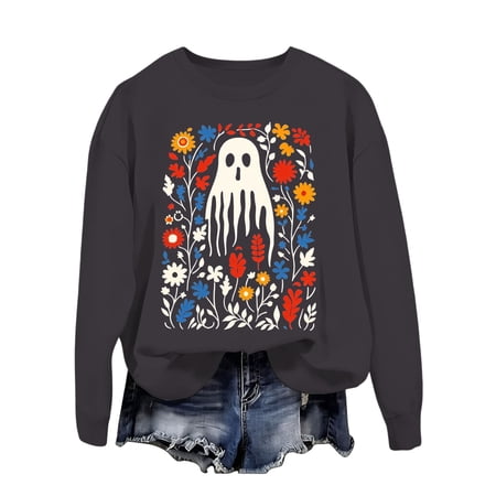 Halloween Sweatshirt Novelty Flower and Ghost Graphic Long Sleeve Pullover Tops for Women Halloween Outfits (Dark Gray XXL)