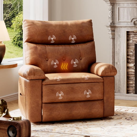 Leather Recliner Chair - Heat and Massage, Swivel Rocker Manual Recliner for Adults, Lazy Rocking Chair with Comfort Arms and Back Single Sofa for Living Room