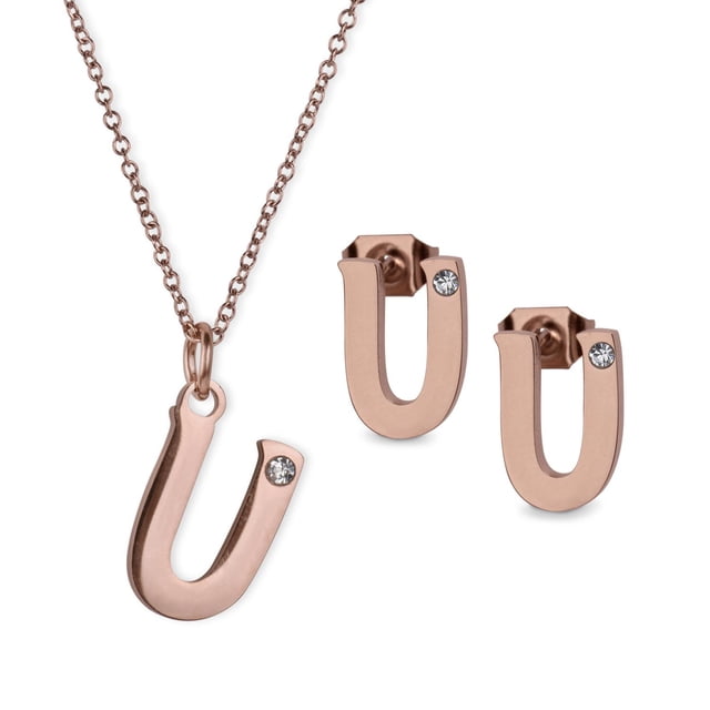Set de Joyería para Mujer Iniciales LuckyLy, Collar y Aretes Oro Rosa 18k, Modelo Yara rosa UNITALLA