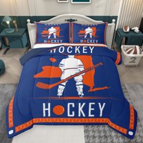 Homewish Ice Hockey Queen Comforter Set,Sport City Bedding Sets,Orange Blue Bedding Comforter Set For Boys,Ultra Soft Bedroom Decorative Reversible,3-Piece