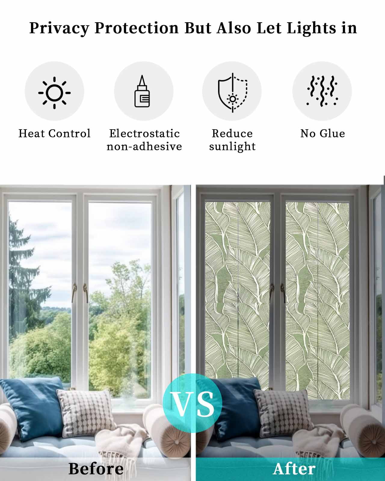 Window Privacy Film Summer Palm Leaf Stained Glass Window Film Decorative Sun Block Window Cover Tropical Bloom Silhouettes Green Window Clings Static Adhesive Sticker for Bathroom 17.7"x78.7"