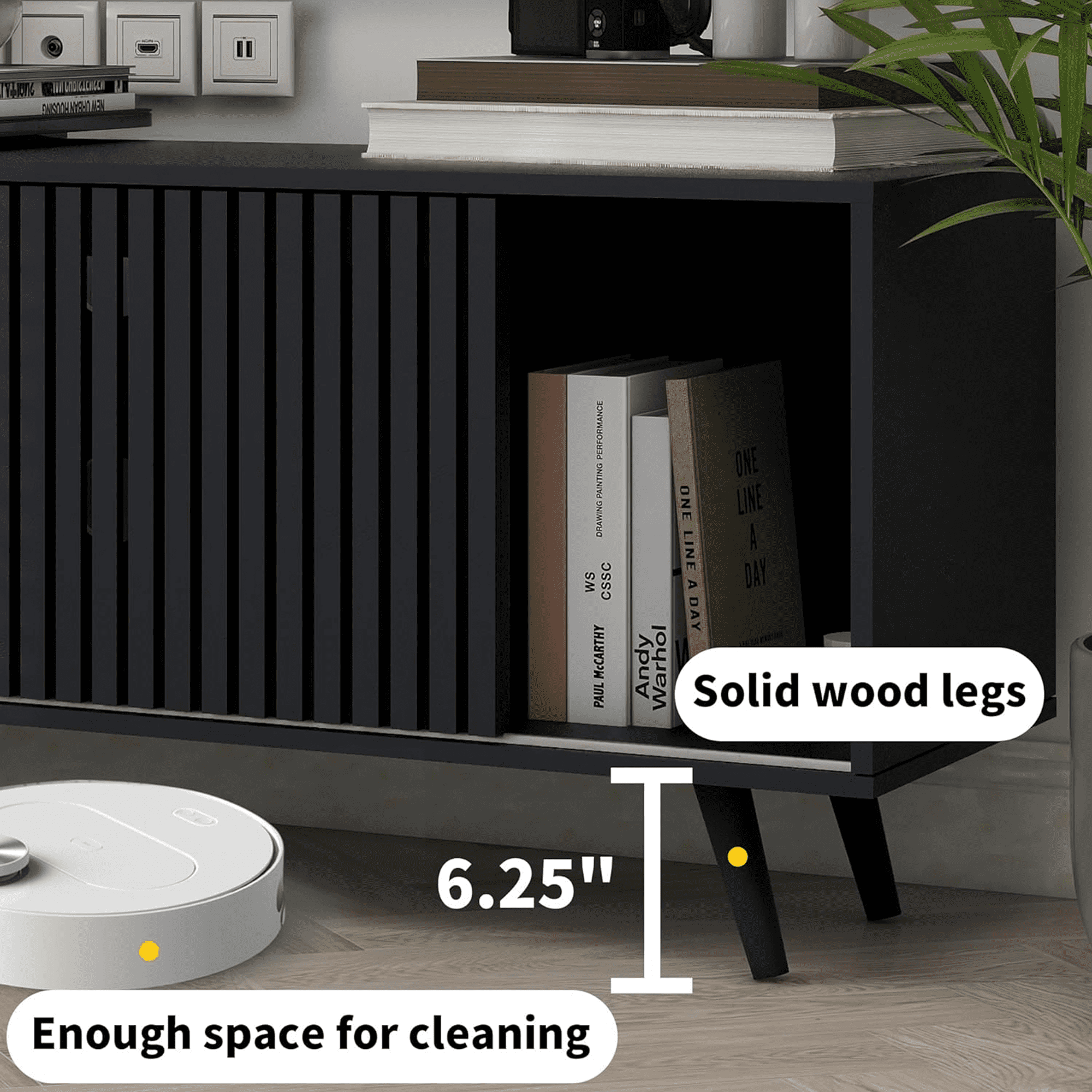 Lisicue Mid-Century Modern TV Stand for TVs up to 70 Inches with Sliding Doors and Storage, Black