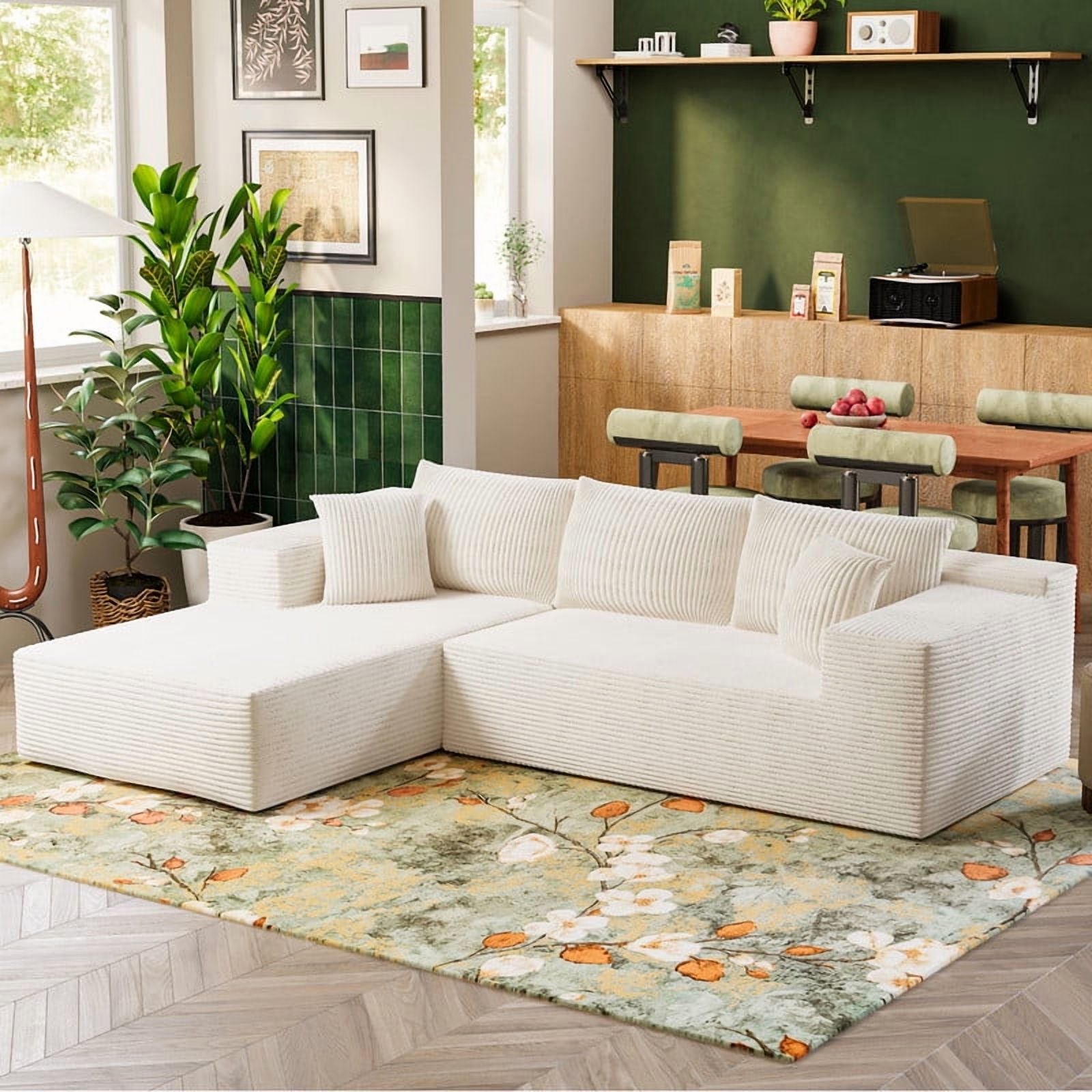 Furmax 108"  L-Shape Boneless Chaise Sectional Sofa Cloud Couch Sectional Corduroy Couch Set with Deep Seat for Living Room,Corduroy White