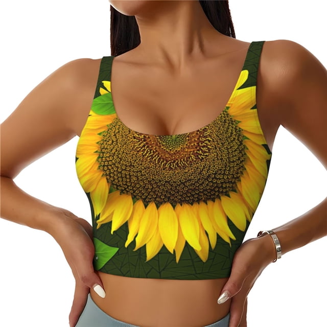 Fotbe Sunflower3 Sujetador Deportivo Largo sin Aros para Mujer con Almohadillas y Soporte Medio, Transpirable y Absorbente, Camiseta Tipo Chaleco o Tank Top-Large
