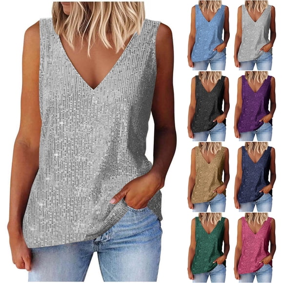 Conjuntos de trabajo para mujer,Blusa informal sin mangas con lentejuelas para mujer, de poliéster y cuello redondo, ideal para el verano, sopatenor