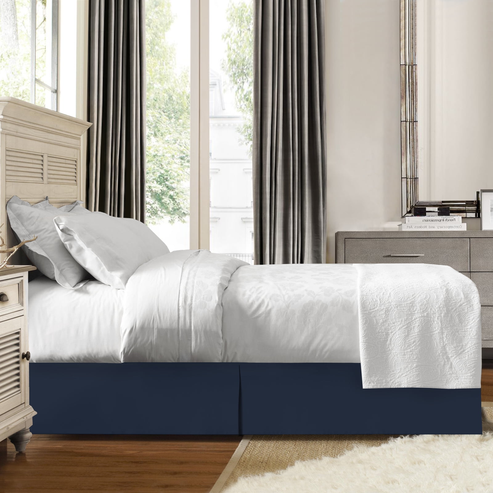 14" Tailored Pleated Bed Skirt Dust Ruffle, Cal King, Navy Blue, by Clara Clark
