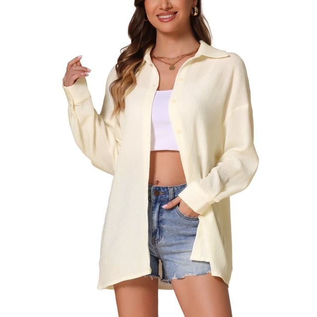 CAMISAS LARGAS OVERSIZED DE BOTONES SUELTAS PARA MUJER INSPIRADAS EN CHIC S BEIGE AMARILLO