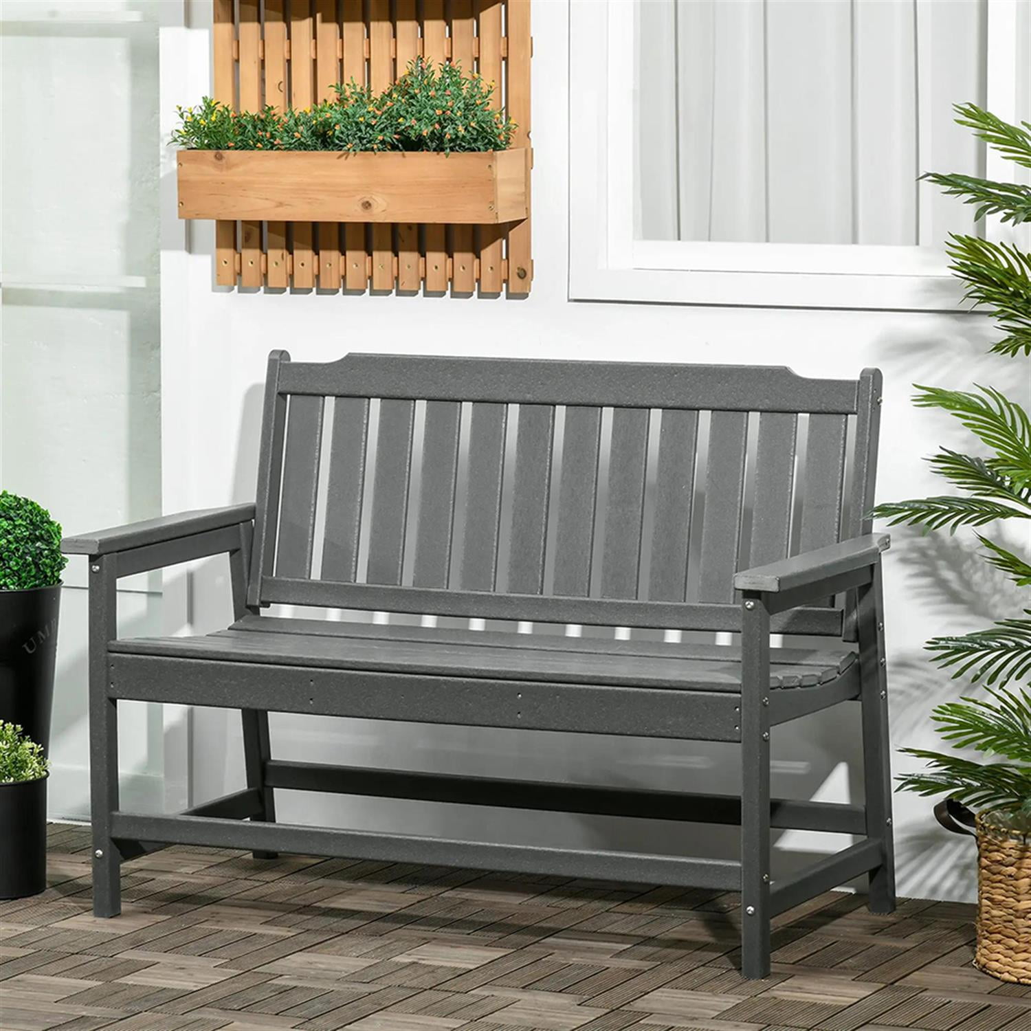 Demi Bonn 2-Person Patio Garden Bench Weather HDPE Porch Bench, Outdoor Benches Furniture with Slatted Back & Armrests for Backyard, Park, Lawn, Yard, Gray