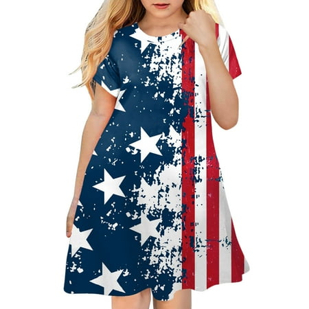 

B91xZ 4th of July Dresses Independence Day For Children Toddler 4 Of July 3D Graphic Printed Girls Short Sleeve Kids Casual Navy 3-4 Years
