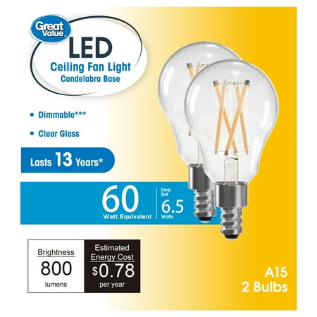 Great Value A15 LED Ceiling Fan Bulb, 6.5-Watt (60W Equivalent) Dimmable Soft White E12 Base, 2-Pack
