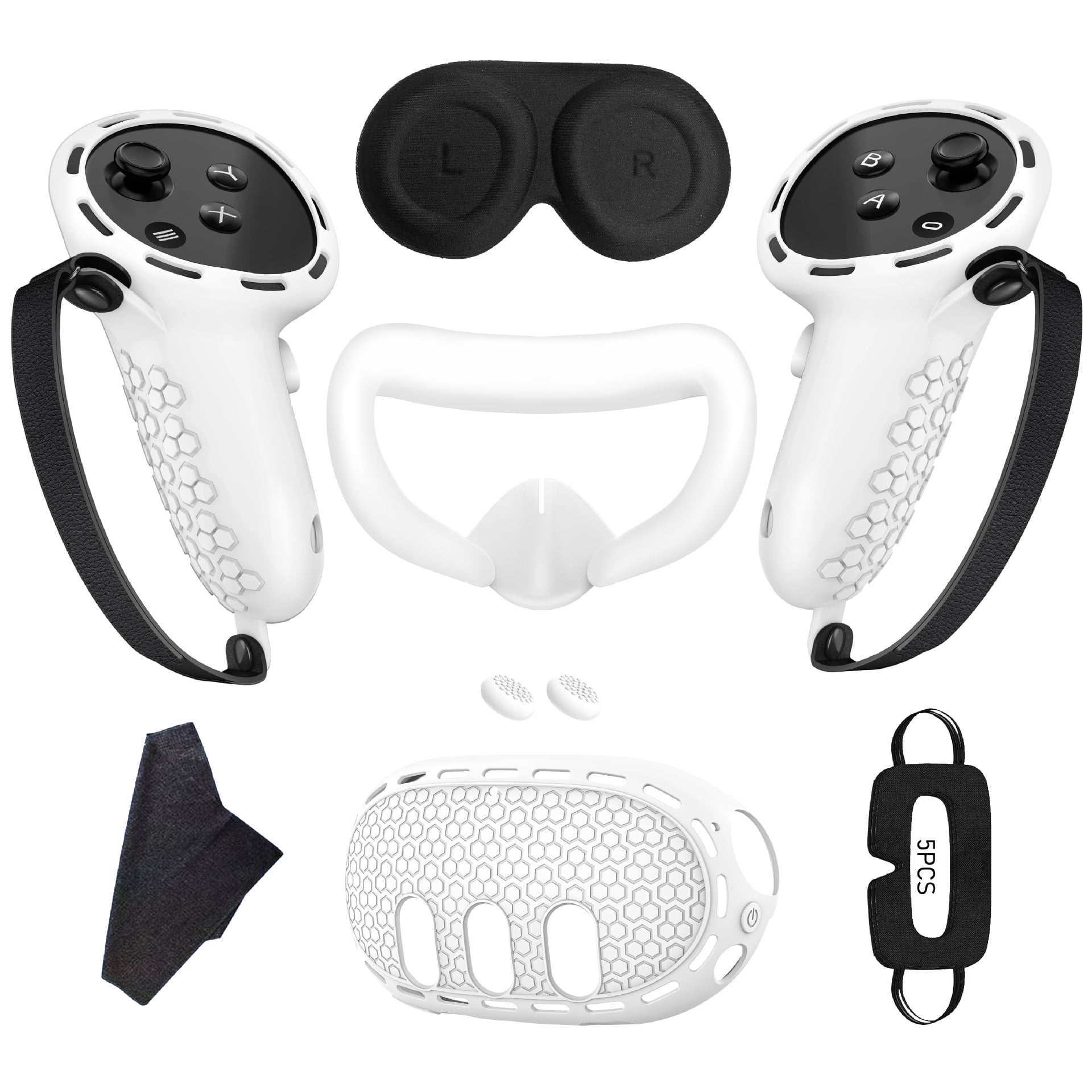 7 in 1 VR Accessories Compatible with Quest 3, Silicone Face Cover, Protective Lens Cover,5 Disposable Eye Cover, VR Cleaning Cloth, 2 Thumb Grips-White