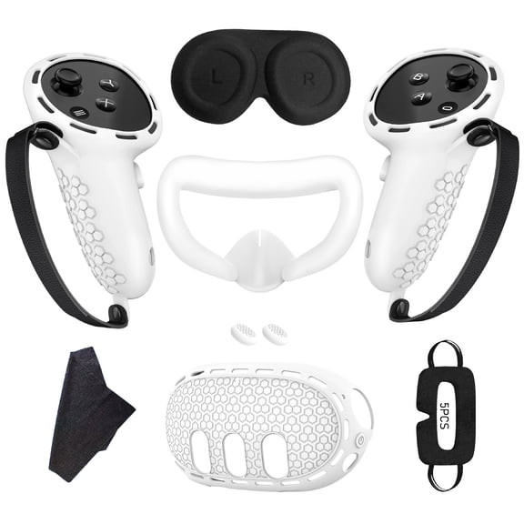 7 in 1 VR Accessories Compatible with Quest 3, Silicone Face Cover, Protective Lens Cover,5 Disposable Eye Cover, VR Cleaning Cloth, 2 Thumb Grips-White