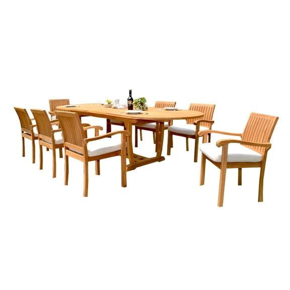 9 PC A Grade Outdoor Patio Teak Dining Set - 117" Double Extension Masc Oval Table & 8 Naples Stacking Arm Chairs