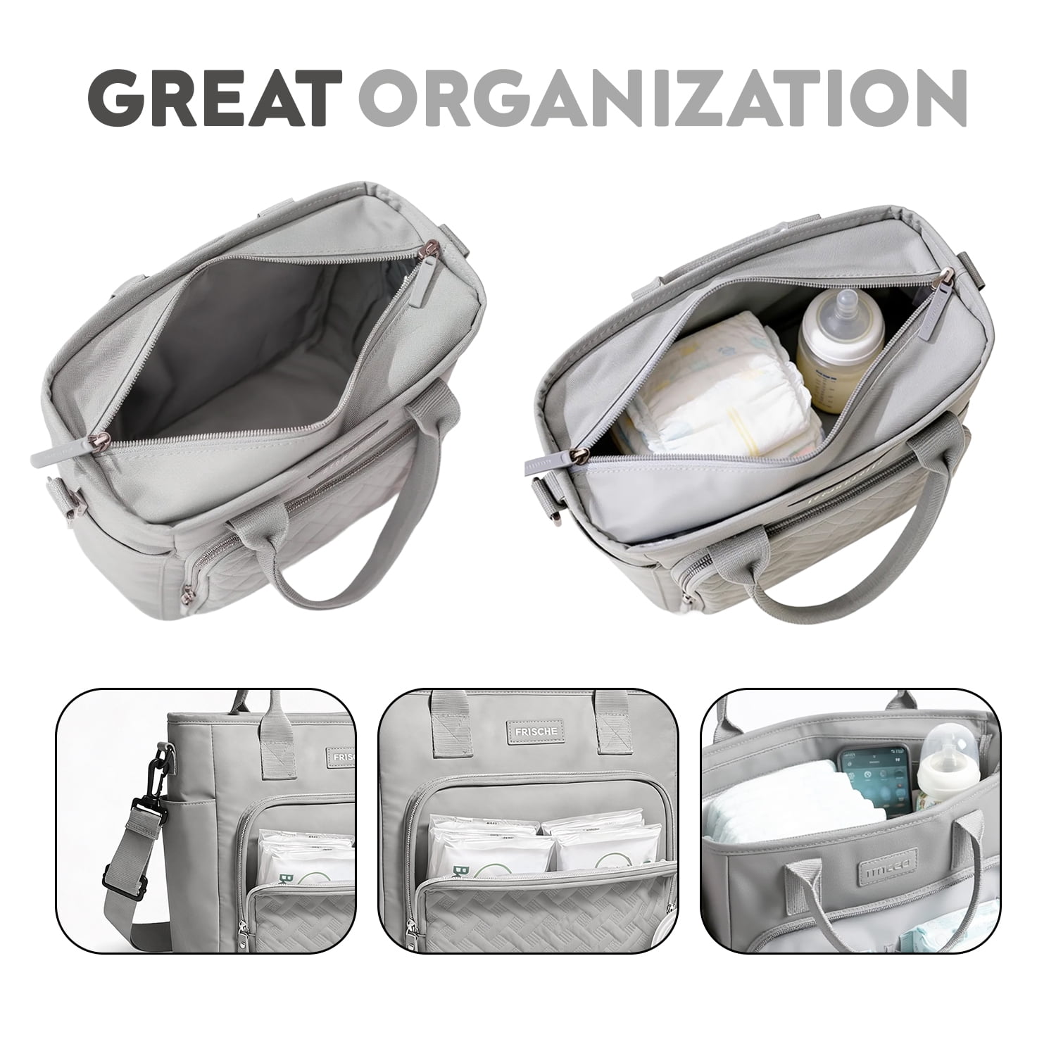 DEFAHN Tote Diaper Bag for Mom - 0.9lb Lightweight Large Capacity Thermal Baby Bag, 2 Thermal Pockets + Side Holders, Simple Open Design(Gray)