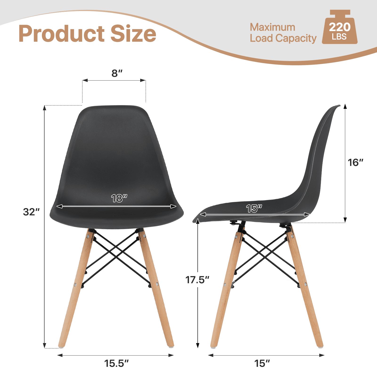 OSM Modern Plastic Dining Chair Set of 2 with Solid Wood Legs for Kitchen, Living Room, Bedroom, Black
