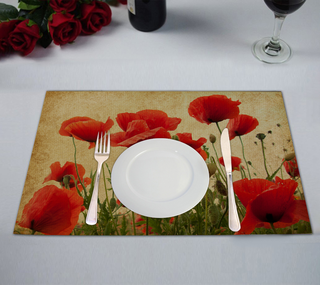 YKCG Vintage Retro Poppy Flower Field Placemats Size 12x18 inches,Set