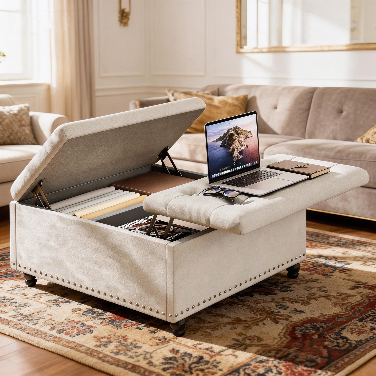 Kbun 33.5 inch Large Square Storage Ottoman, Tufted Upholstered Coffee Table with Lift Top & Solid Wood Legs, Oversized Storage Bench Ottomans Toy Box for Bedroom, Living Room, Entryway, White