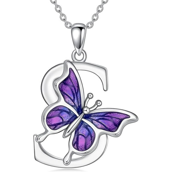 DVEATR Initial Necklace for Women 925 Sterling Silver Purple Butterfly with A-Z 26 Letters Pendant Necklace for Graduation Gifts