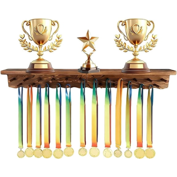 1Pc Medal Holders Wood Trophy Shelf Wall Mount Medals Hanger Display 14.96x3.54x7.17 Inch Wooden Metal Awards Rack