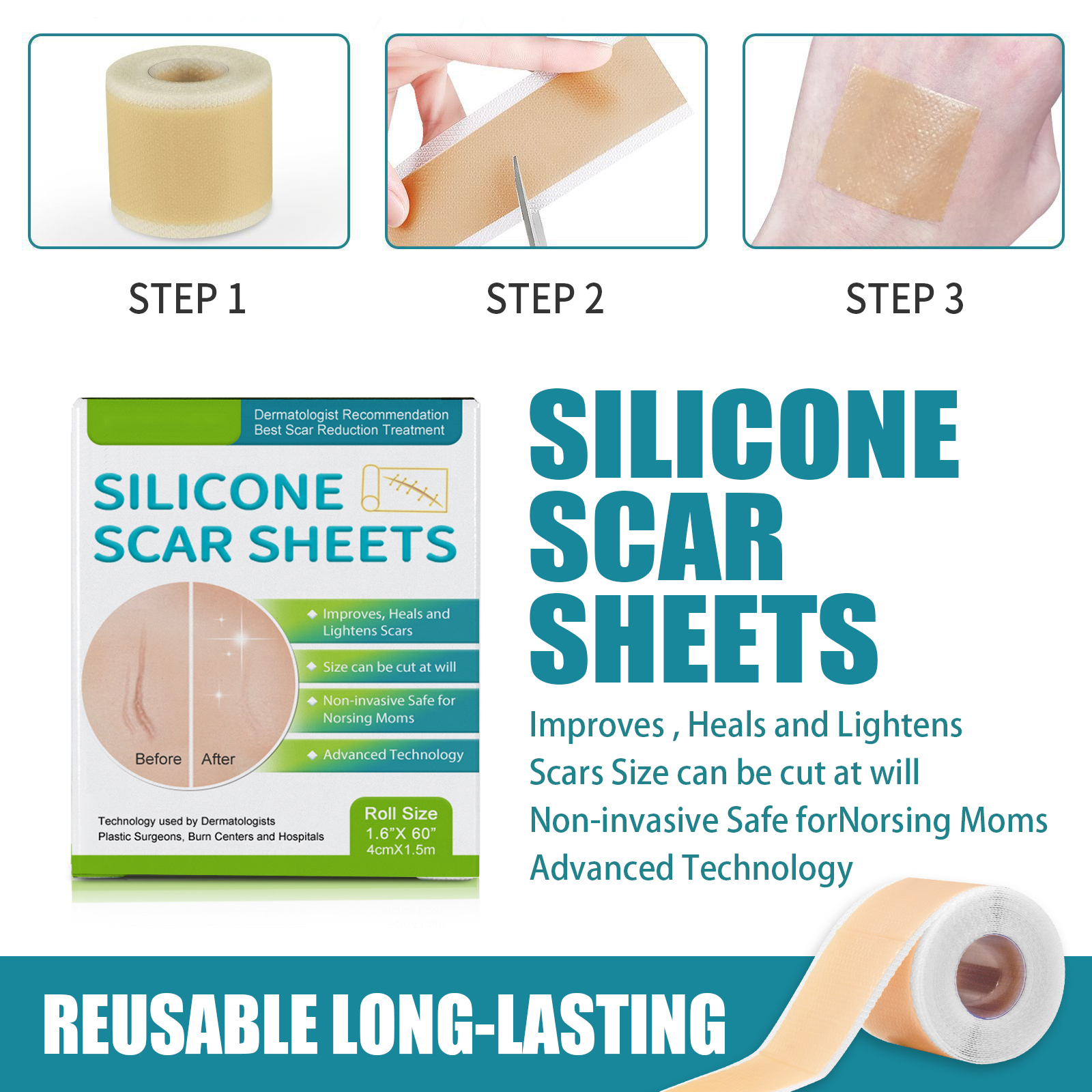 Alvantor Silicone Scar Sheets - Medical Grade Scar Tape Roll for C-Section, Surgery, Burn, Acne Scars Treatment, 1.6"*60"