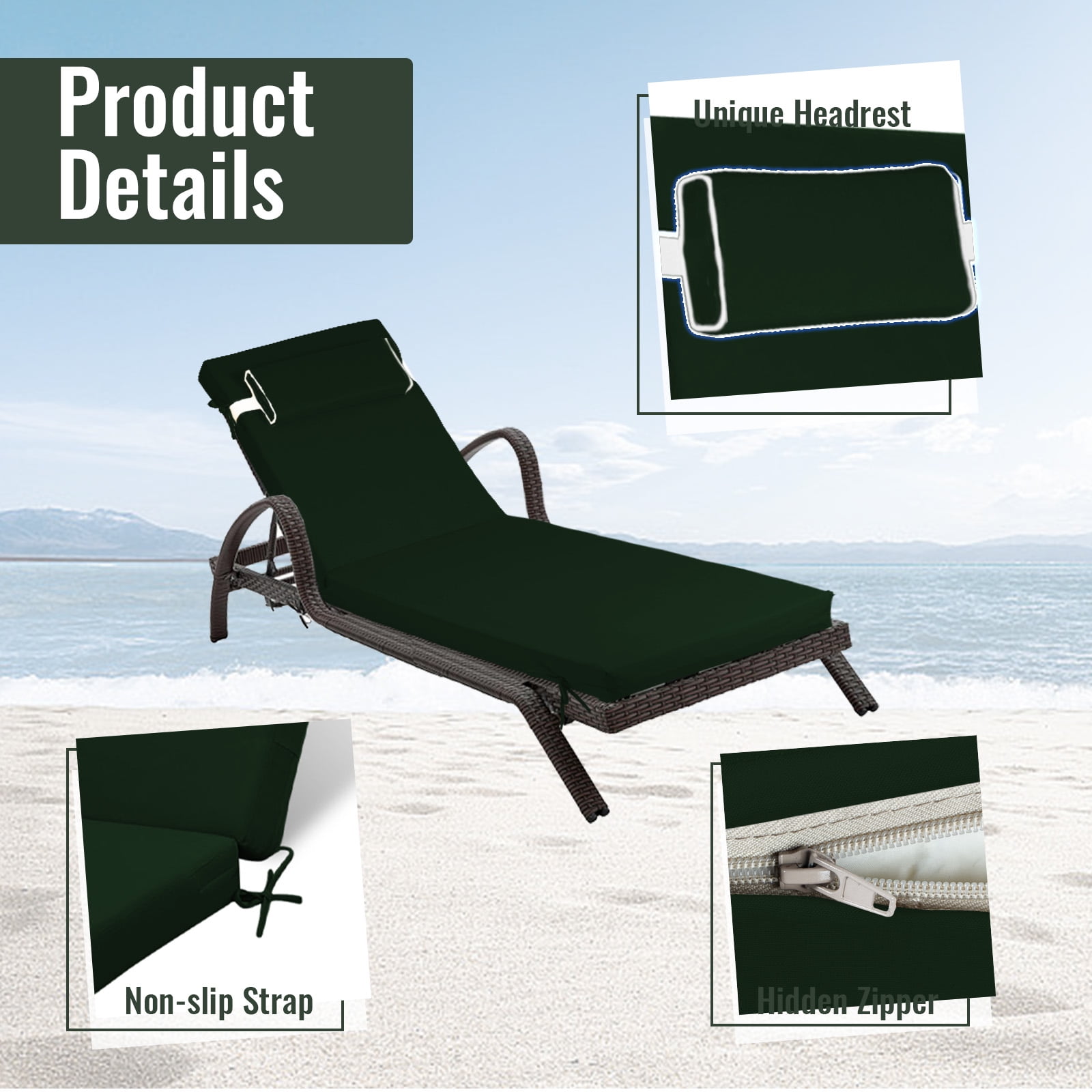 SDJPOI Outdoor Chaise Lounge Cushion, 72×21×3in Patio Chair Cushion for Pool Beach（Dark Green）