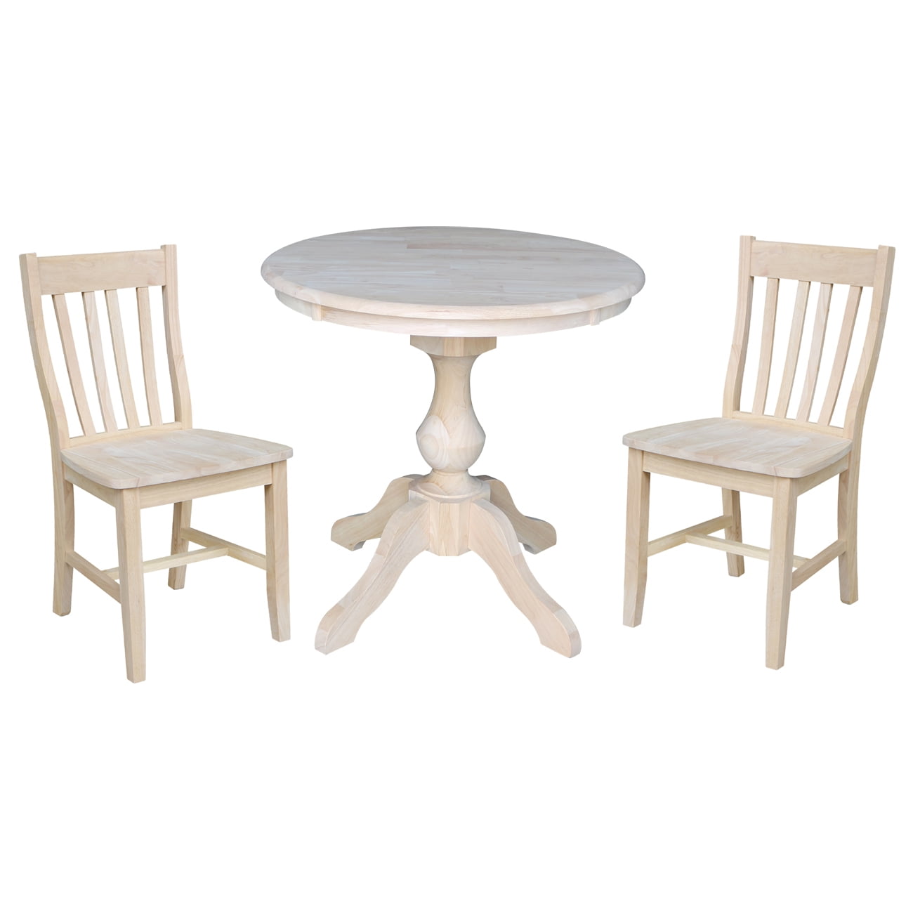 30" Round Top Pedestal Dining Table with 2 Cafe Chairs Unfinished 3