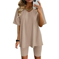Edvintorg Women Sets 2 Piece Outfits Summer Casual Solid Color V-Neck Blouse Short Sleeve Tops Biker Shorts Sets Fashion Casual Suit Beige XXL