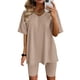 thumbnail image 1 of ICHUANYI ClearanceWomen Fashion V-Neck Blouse Short Sleeve Tops Shorts Casual Suit Sets(Beige, S) ICHUANYI WER20232080500219, 1 of 3