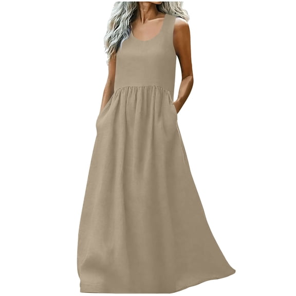 Fnooota Cotton Linen Dresses for Women, Vacation Casual Summer Sleeveless Maxi Dresses Khaki Size S-2XL