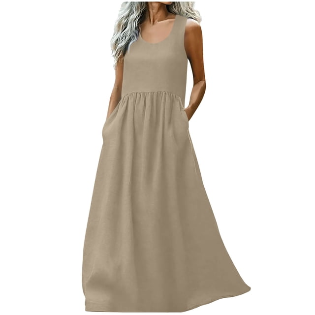 Kyusrd Robe Maxi pour Femmes Robe d'Été Débardeur Robe Sans Manches Robe Soleil Col en V Fluide Ligne A Longue avec Poche