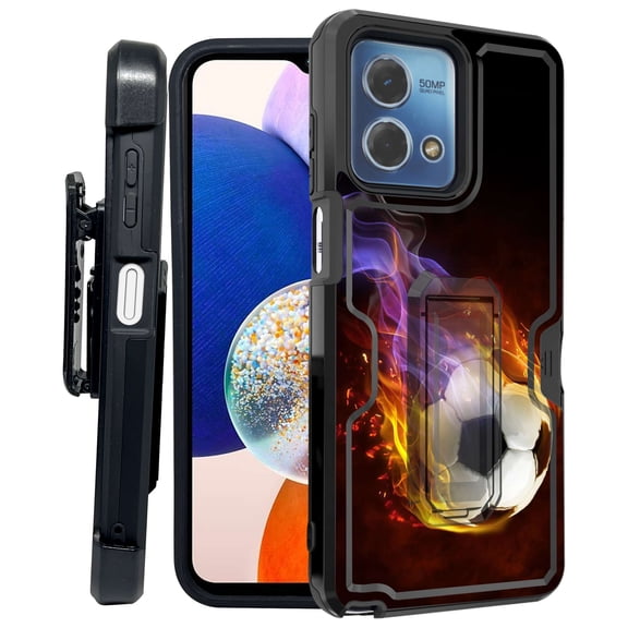 ANJ  Rugged Shockproof Kickstand Hybrid Case with Card Slot and Holster   Tempered Glass Cover for Motorola Moto G Stylus 5G (2023) - Fiery Soccer Ball