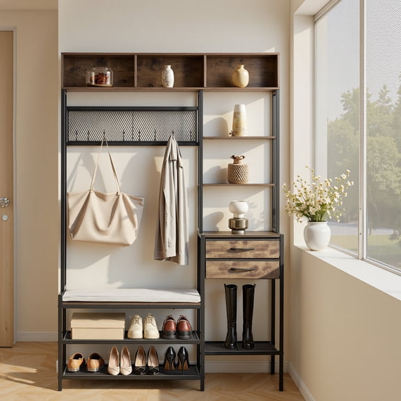 KFFKFF Hall Tree, 70.9 in Coat Rack with Shoe Bench & 2 Drawers, 3-in-1 Freestanding Organizer with Bookshelf & Wire Shelf, Steel Frame Storage Solution for Entryway, Bedroom, or Closet