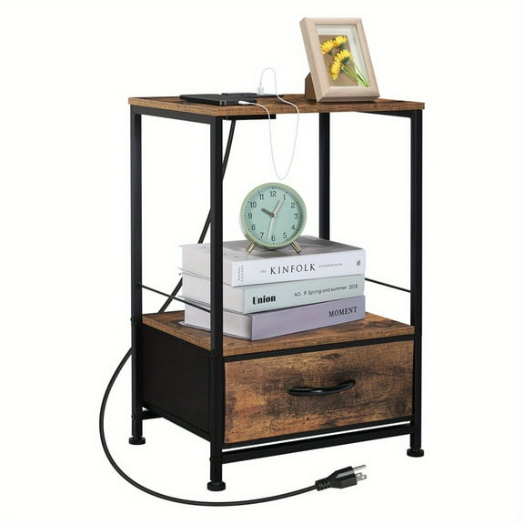 Rustic Brown Nightstand with Charging Station - USB Ports & Outlets, Metal Frame & Wood Shelves, 2-Tier Storage Drawer Bedside Table for Bedroom/Living Room, Classic Modern Design