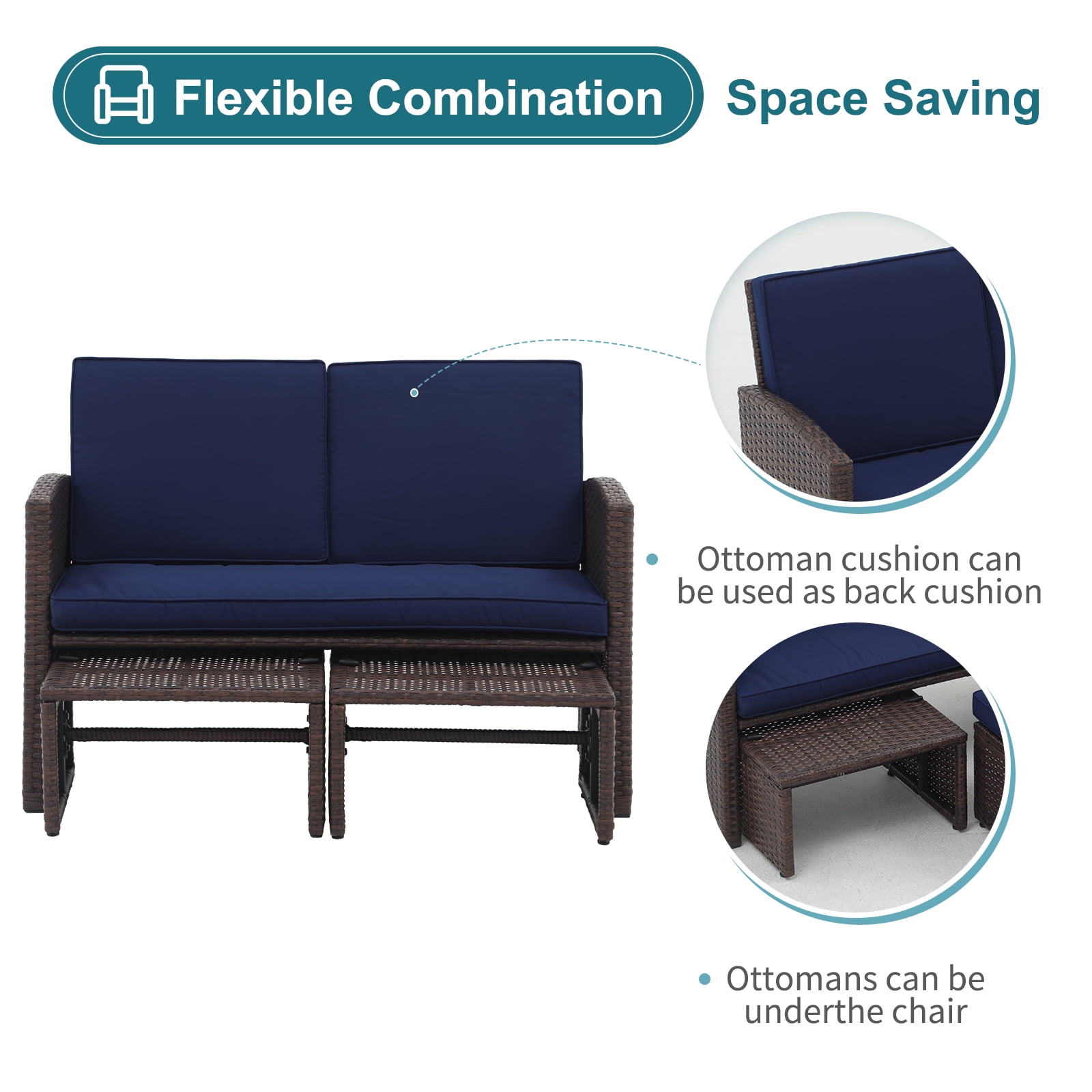 JOIVI 3 Piece Patio Furniture Set, Outdoor Loveseat Patio Furniture RattanSet with Ottoman, Brown Rattan, Navy Blue Cushion